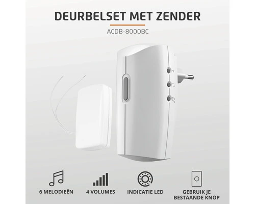 KLIKAANKLIKUIT® Plug-in Draadloze Deurbelset Met Zender ACDB-8000BC Wit - Afbeelding 3